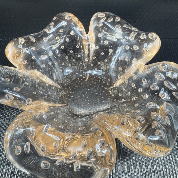 Murano Art Glass Controlled Bubbles Light Pink Leaf Clover Heavy Dish Bowl VTG - Picture 6 of 13